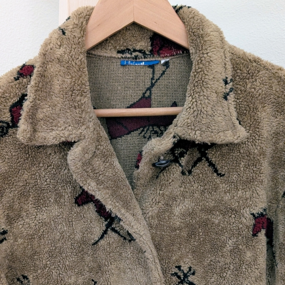 Vintage 90's Equestrian Collared Button Down Fleece Jacket In Tan/Black/Burgundy - Picture 4 of 11